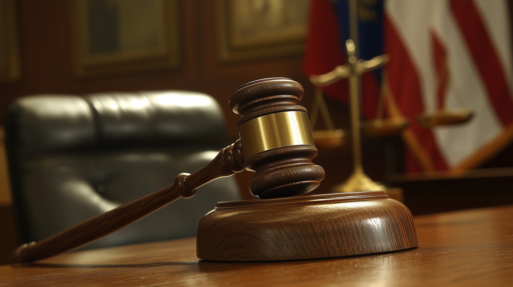 Młotek leżący na biurku sędziego w sali sądowej to kluczowy element w świecie prawa.